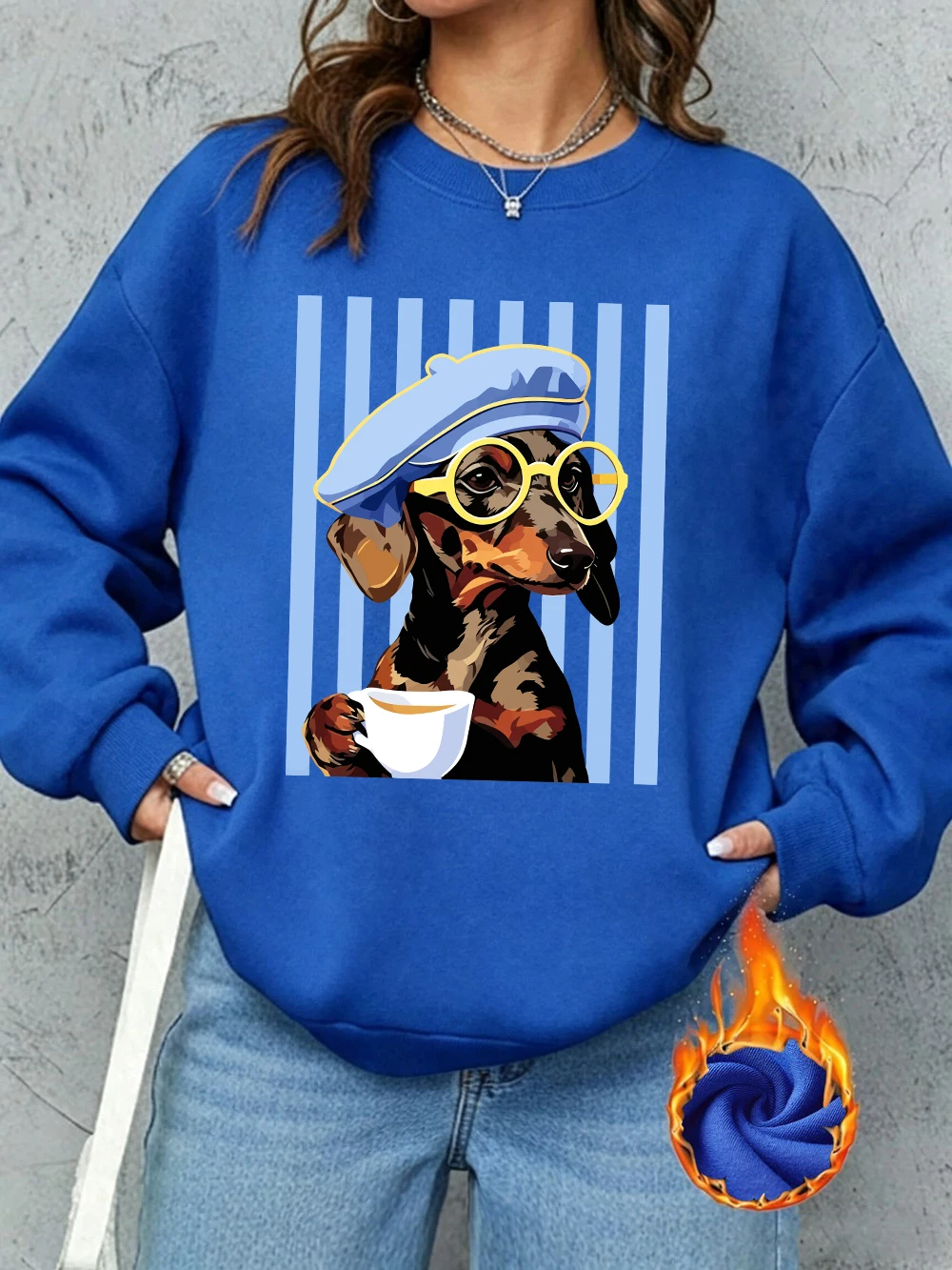 Dackel-Illustrationsdrucke, Sweatshirts für Damen, Winter-Fleece, warme Kapuzenpullover, Rundhalsausschnitt, lockere Oberteile, Basics, sportliche Damenbekleidung – Detail 17