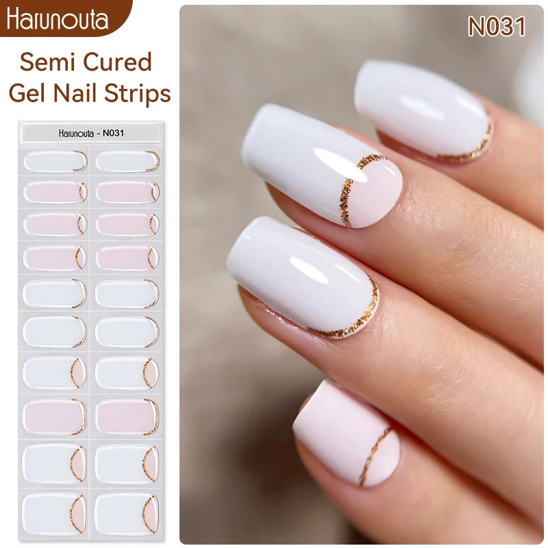 20Tips Pearl Light Gradient Semi-cured Gel Nail Wraps Sticker French Full Cover Nail Gel Polish Decals Manicure UV Lamp Needed
