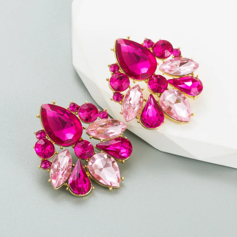 Multi Styles Boho Statement Fuchsia White Crystals Drop Earrings for Women Party Zircon Fuchsia Jewelry