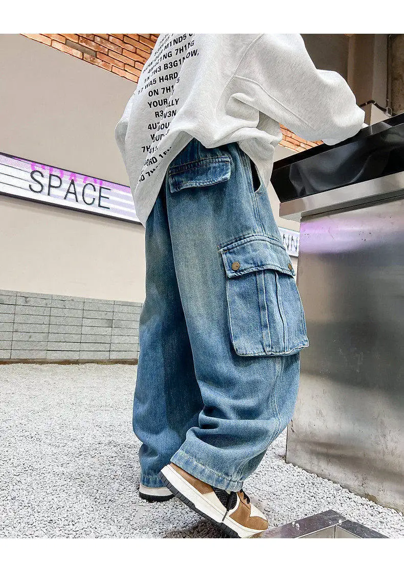 Herbstliche Freizeit-Cargo-Jeans für Jungen mit Taschen, lockerer Schnitt, Teenager-Denim-Hose, modische Kinderjeans, 5-14 Jahre – Detail 13