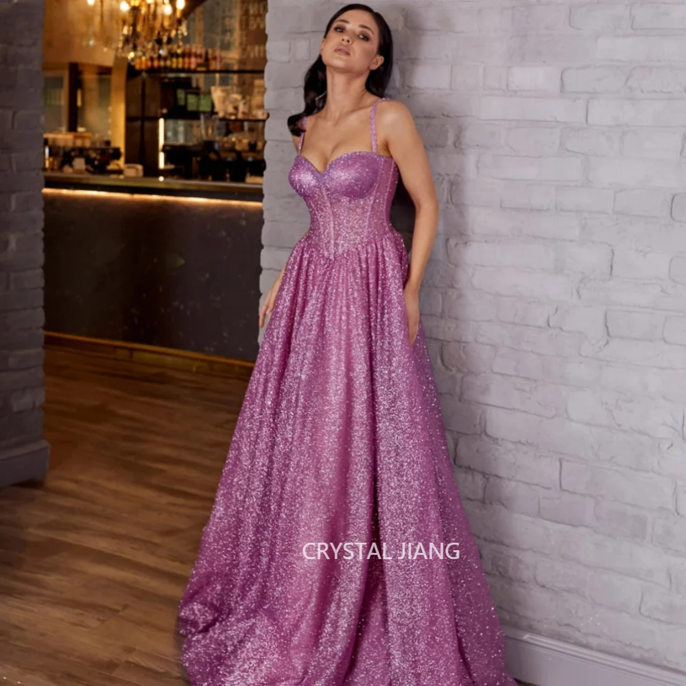 Classy Long Glitter Spaghetti Straps Sequin Evening Dresses Sleeveless A Line Floor Length فساتين سهرةParty Gowns