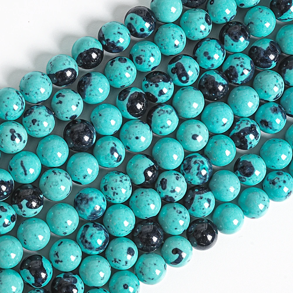 Aqua Blue & Black Rain Flower Jade Loose Beads AAA Smooth Round Gemstone Beads For DIY Jewelry Making Bracelet Earrings 6/8/10mm