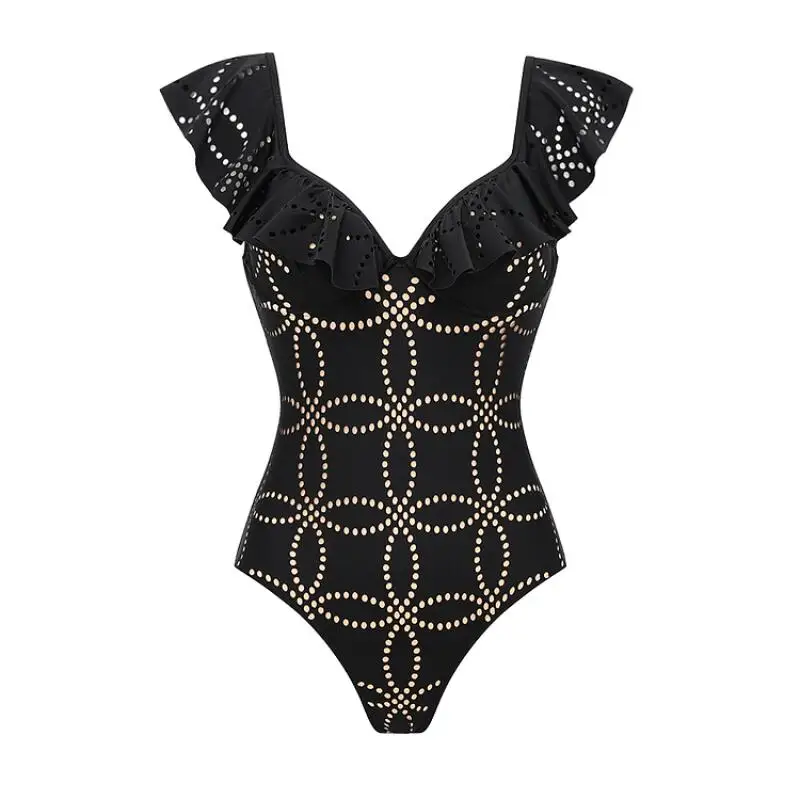Flaxmaker 2025 Women Underwired Black Ruffle Laser Cutting Flower One Piece Swimsuit and Skirt Black Swimwear Party Beachwear