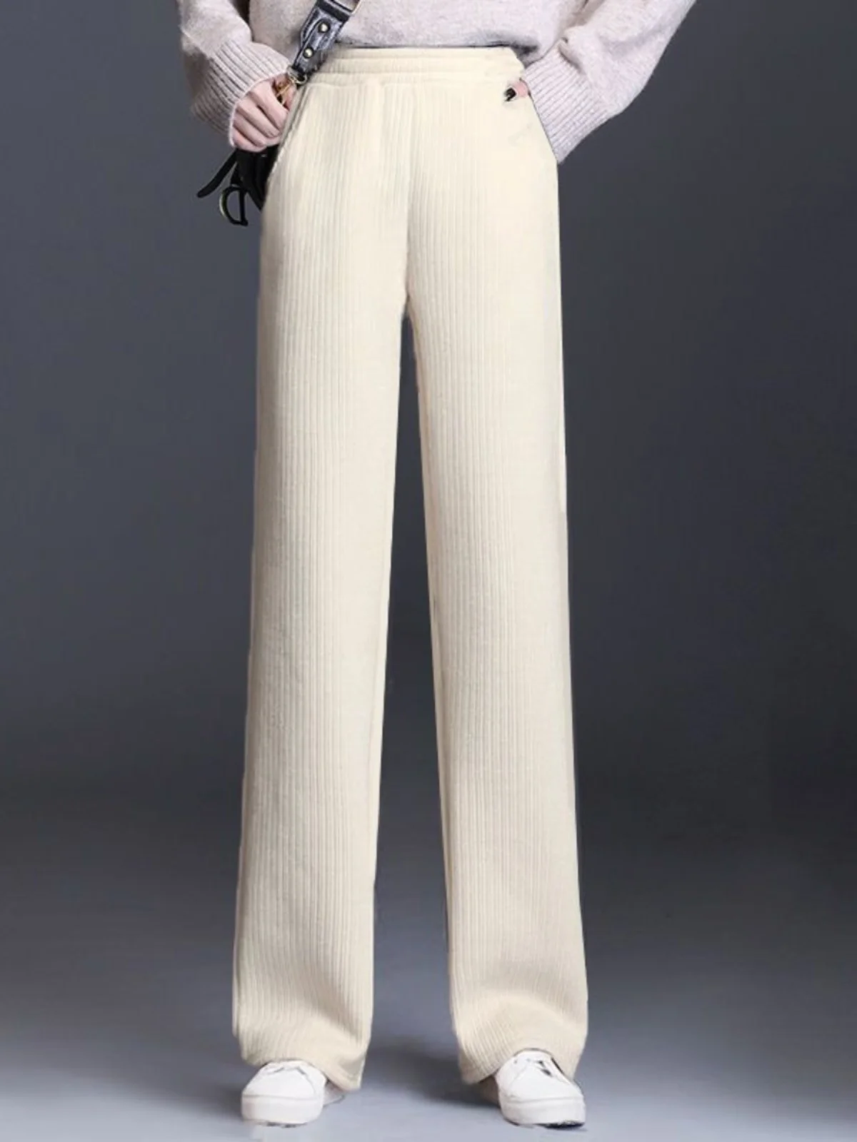 Thiened Fce 裏地付きまたは裏地なし ストレートレッグ ワイドレッグパンツ ハイウエスト 韓国風 通勤 ファッション ポリエステル繊維