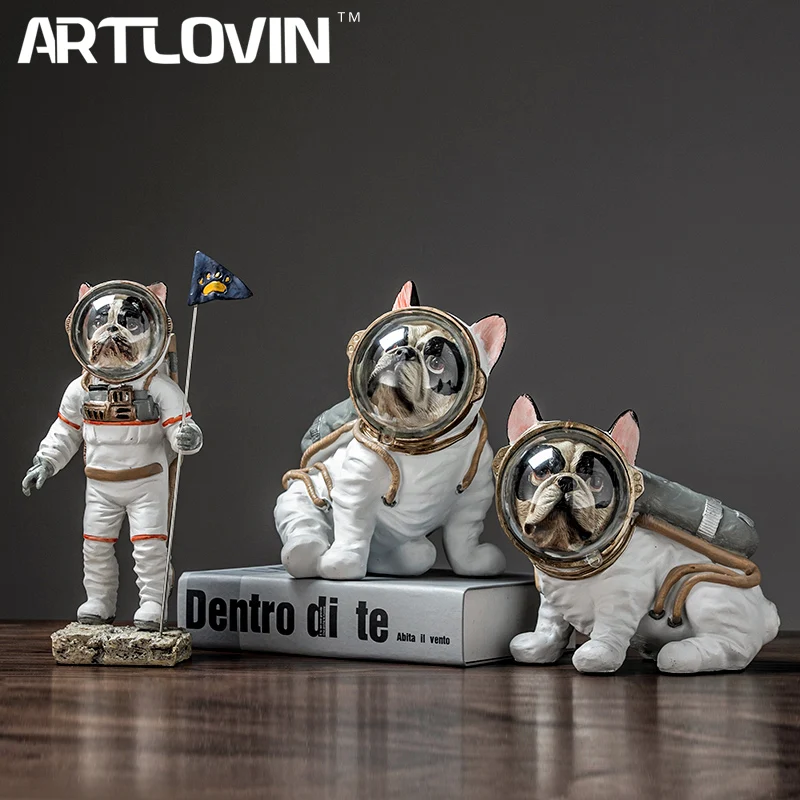 ARTLOVIN Resin Space Dog Figurines Modern Animal Astronaut Statue Bulldog Figure Ornament Interior Living Room Decoration Gifts