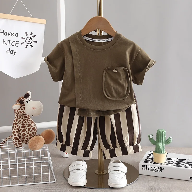 2Pcs T-shirt Shorts Set Baby Summer Clothes Fashion Casual Boy Girl Tee Stripe Shirts Suit Outfits Children Costume