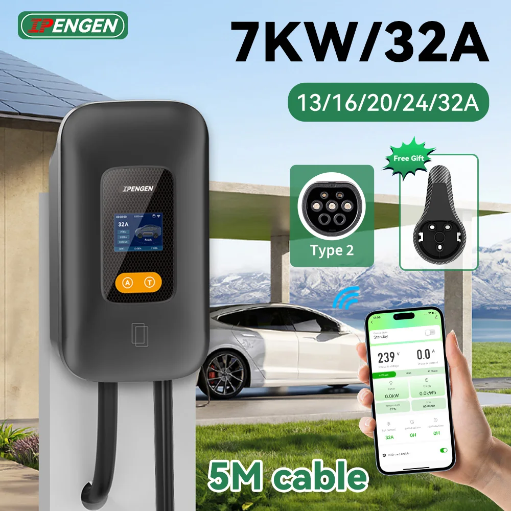 IPENGEN Type2 7KW EV Charger Wallbox 32A EVSE Charging Station 5M Cable With APP Control Set Delayed Charging Time Charger Box