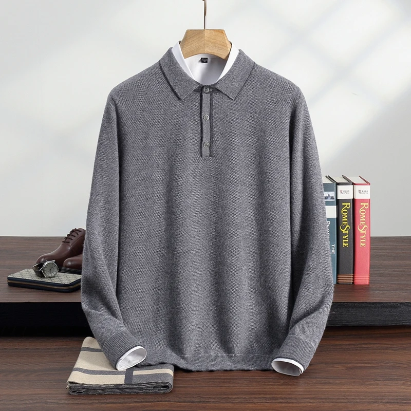 Men's 100% Cashmere Business Polo Collar Pullover Classic Fashion Long Sleeve Sweater Autumn Winter Casual Versatile Knit Top