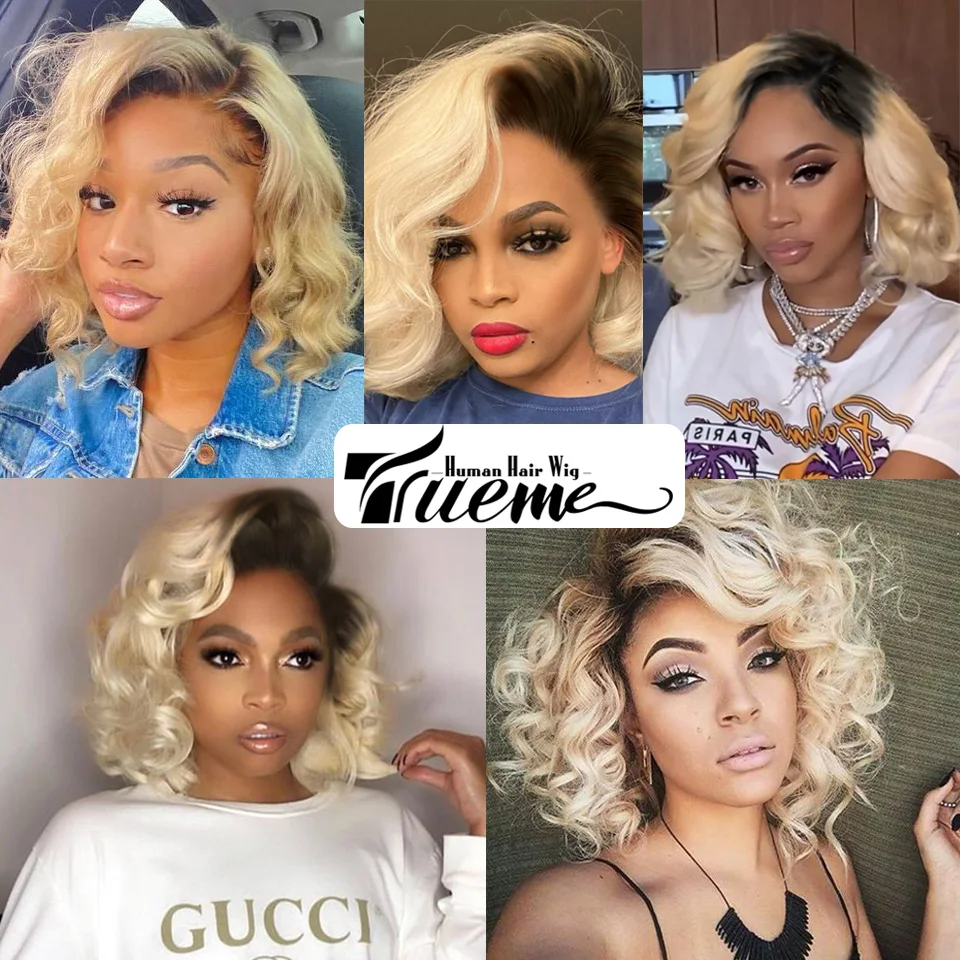 Trueme 613 Lace Front Wig Human Hair Wigs Brazilian Bouncy Curly Bob Wig Ombre Honey Blonde 613 Human Hair Lace Wig For Women