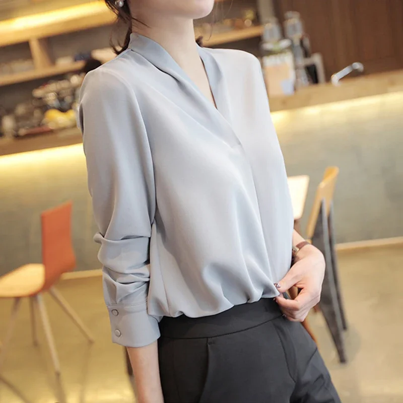 Long Sleeve Elegant Solid Chiffon Women Blouse V-neck Loose Top Office Lady Shirt 2024 Autumn Clothing