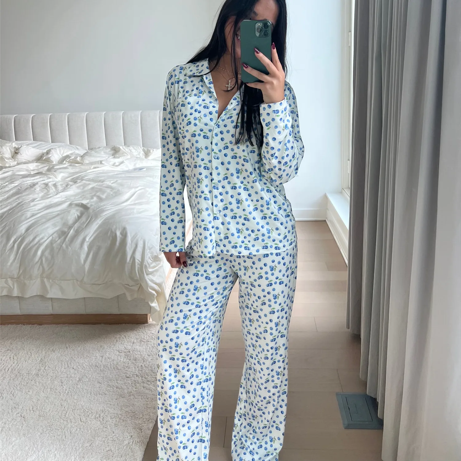 Gaono Women Pajamas Cute 2 Piece Set Y2K Vintage Print Button Up Long Sleeve Blouse T-shirt Tops+Pants Home Loungewear Sleepwear