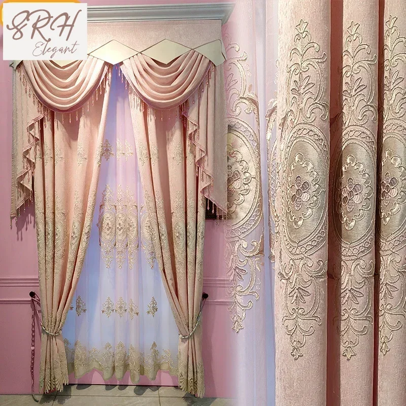 

Высококачественные розовые синельные шторы в европейском стиле с вышивкой для оконных штор для гостиной, спальни, французского окна, вилла по индивидуальному заказу
