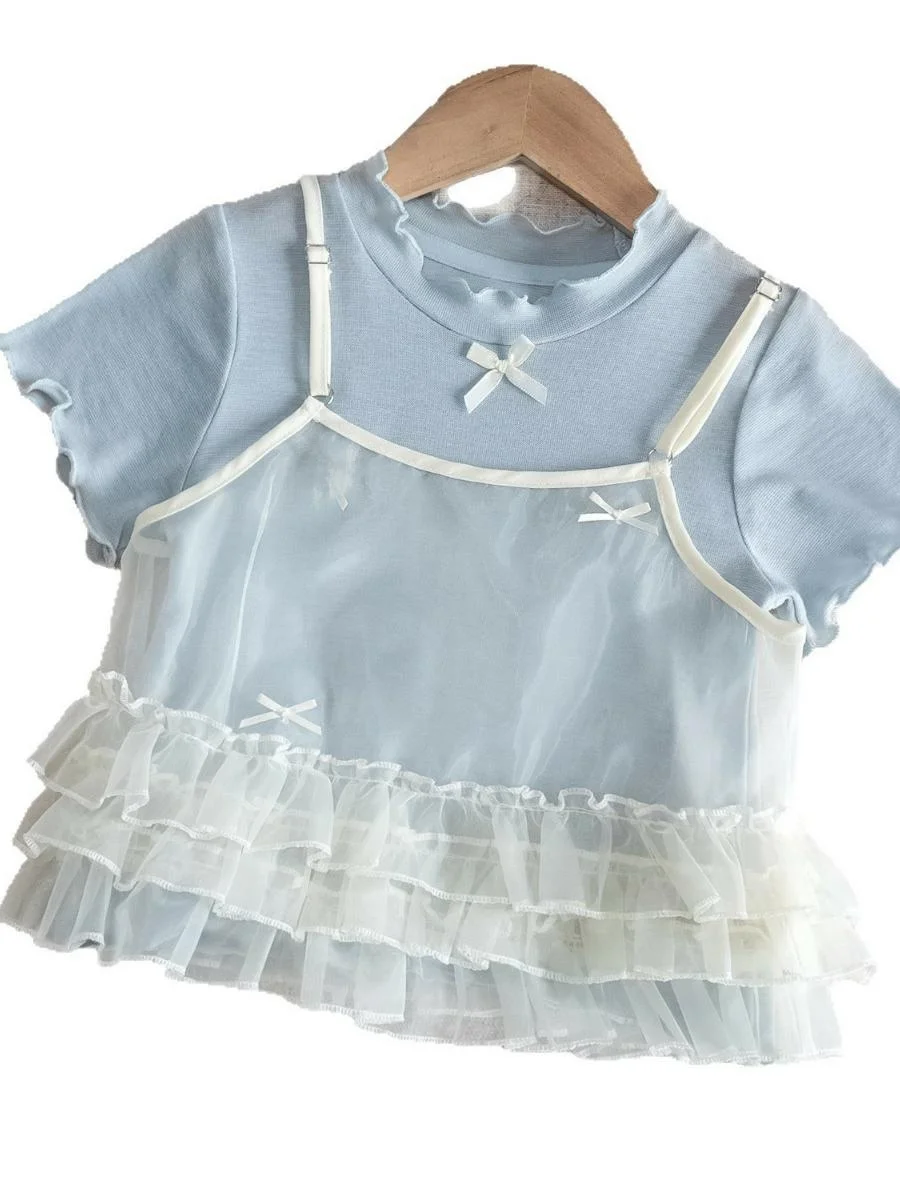 

Faionable ort Sve Комплект летней одежды для девочек Симпатичная круглая футболка из двух предметов Дышащий влажный материал ng