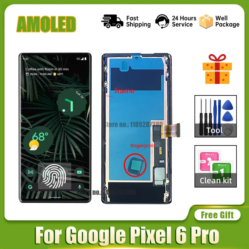 

100% протестированный Super AMOLED дисплей 6,7 дюйма для Google Pixel 6 Pro с рамкой, сенсорный экран, замена экрана GLUOG, G8VOU