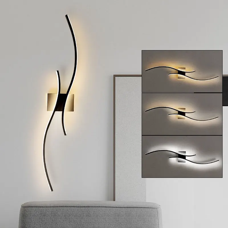 

Indoor LED Wall Sconce Stair Bedroom TV Sofa Background Wall Lamp Minimalist Curved Linear Aluminum Wall Light Nordic Wall Lamps