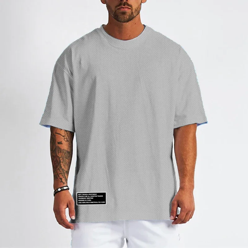 Gym Clothing Men\'s Fitness Oversized Loose T-Shirts Outdoor Hip Hop Streetwear Mesh Quick Dry Short Sleeved Bodybuilding Shirts