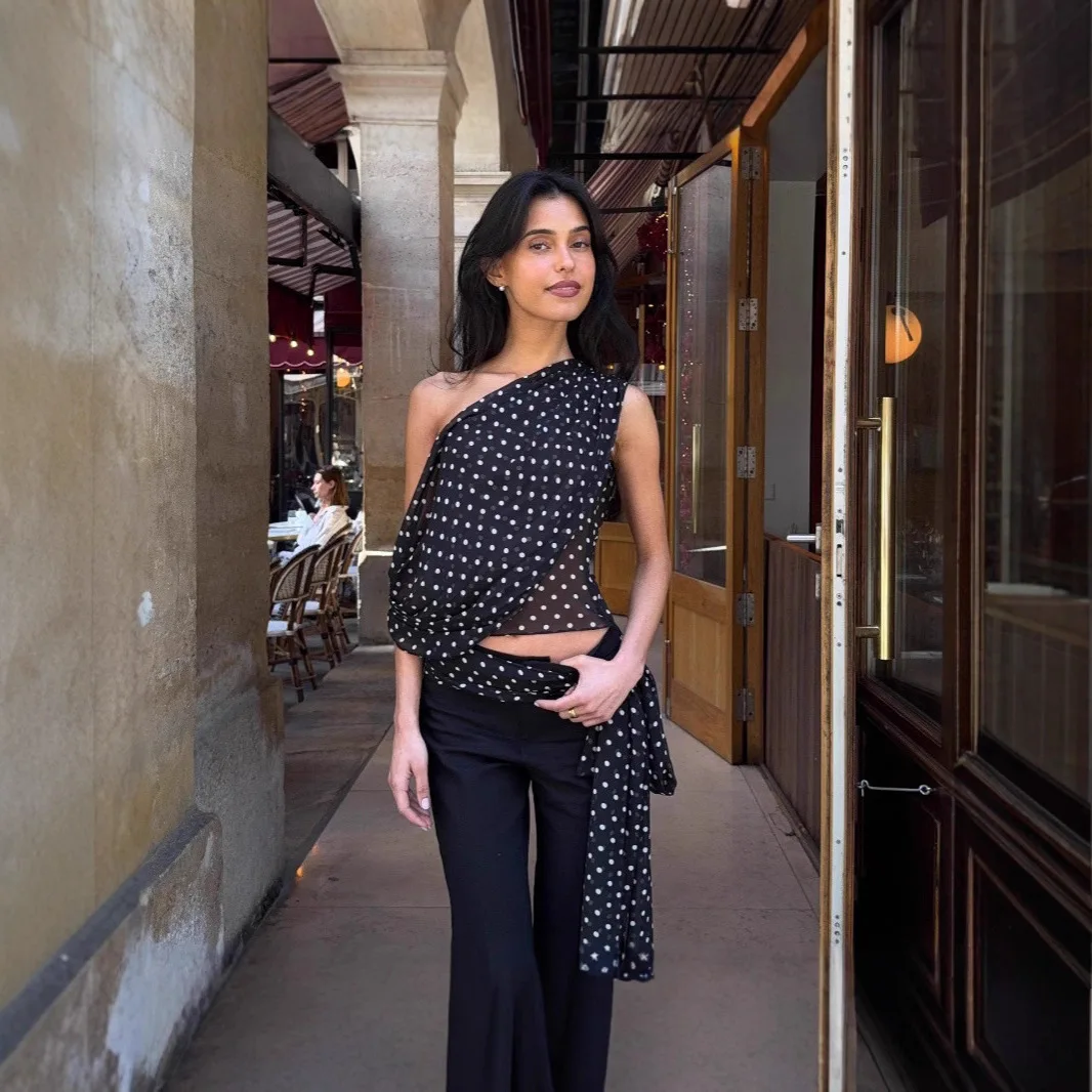 

Women Polka Dot Chiffon Tops Fashion Outfits Sleeveless Slant Neck Drop Shoulder Irregular Vest Top Spring Summer New Sexy Top