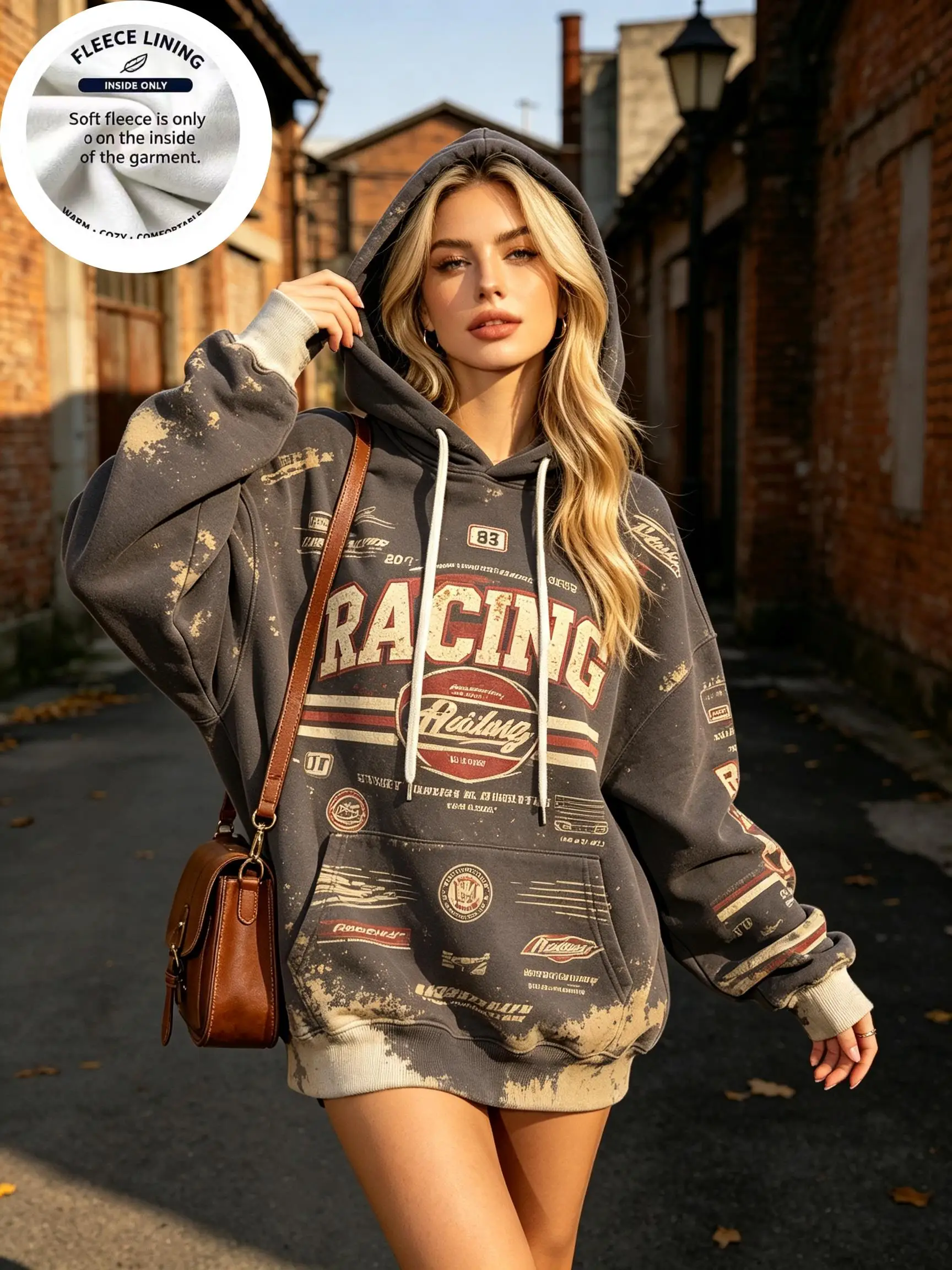 Women Vintage Washed Fleece Hoodie, Retro Racing Route Chopper Motorcycle Letter Print Drawstring Kangaroo Pocket Sweatshirt