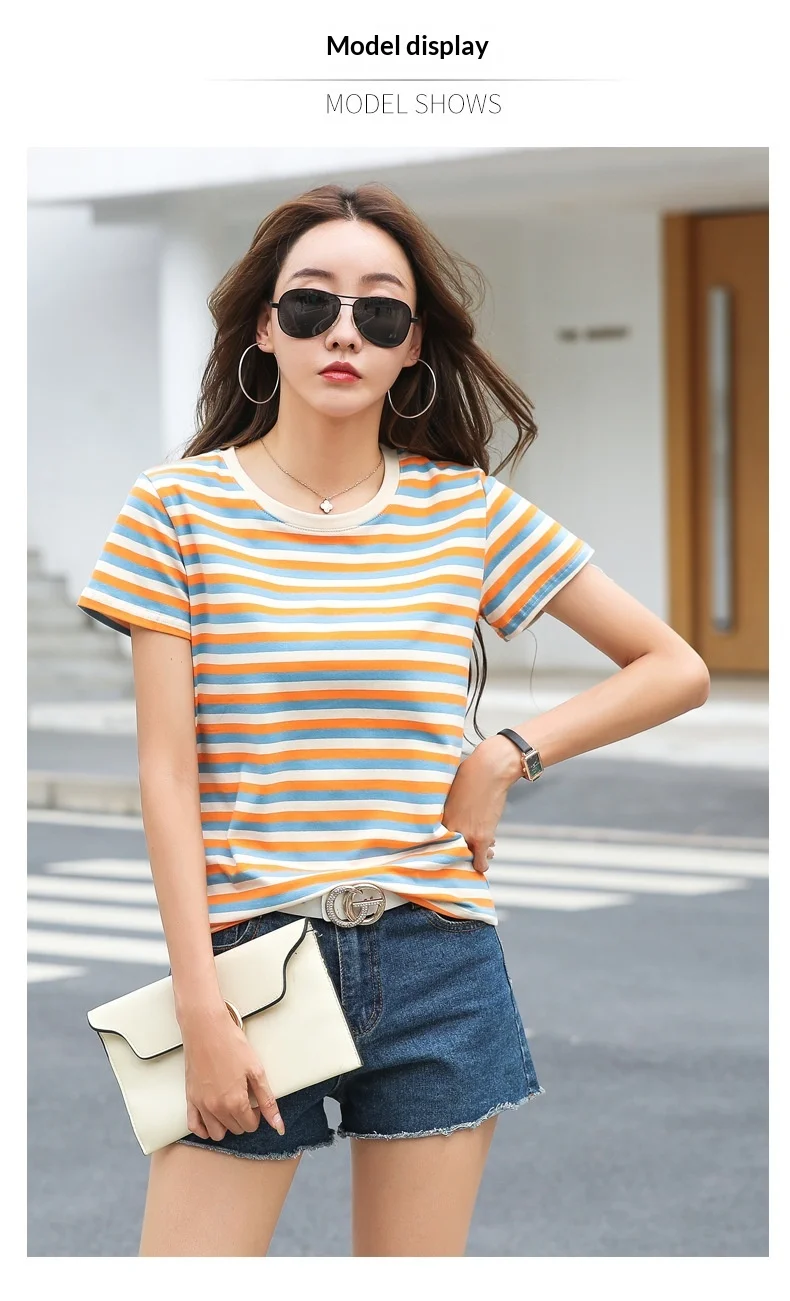 Damen Sommer T-Shirt mit Streifenmuster, kurze Ärmel, neu, schlankmachend, lockere Passform, halblange Ärmel, lässiges Basic-Oberteil – Detail 11