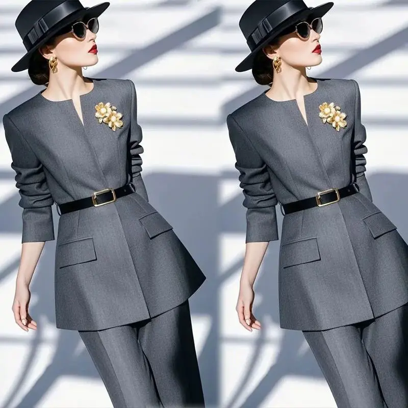 أزياء مزاجه المرأة البدلة الربيع والخريف النسخة الكورية رمادي أعلى السراويل أنيقة المرأة قطعتين مجموعة