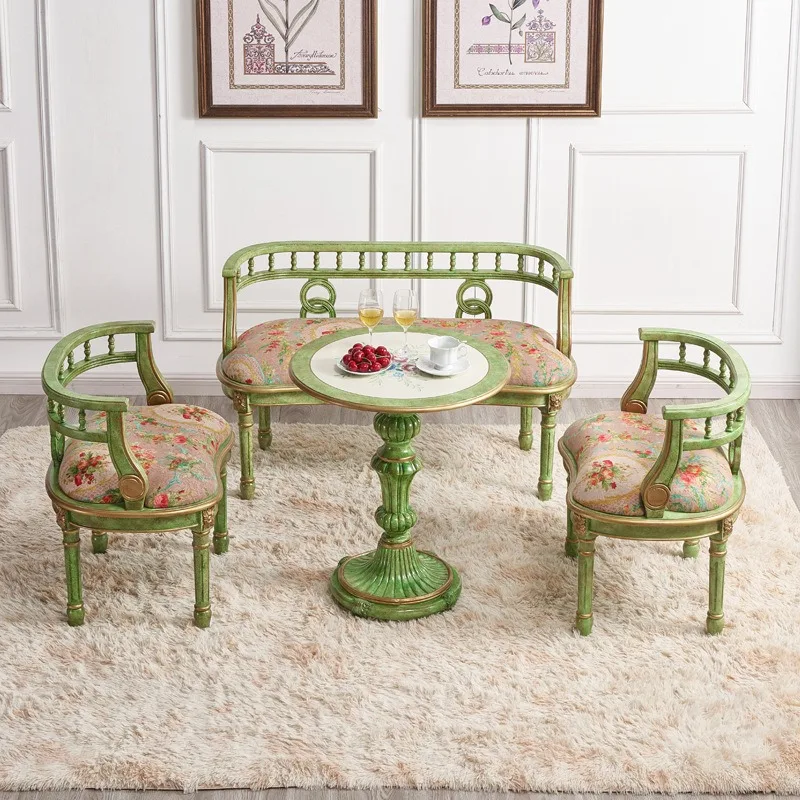 French green sofa, leisure chair, one table and three chairs, painted furniture, solid wood balcony negotiation table