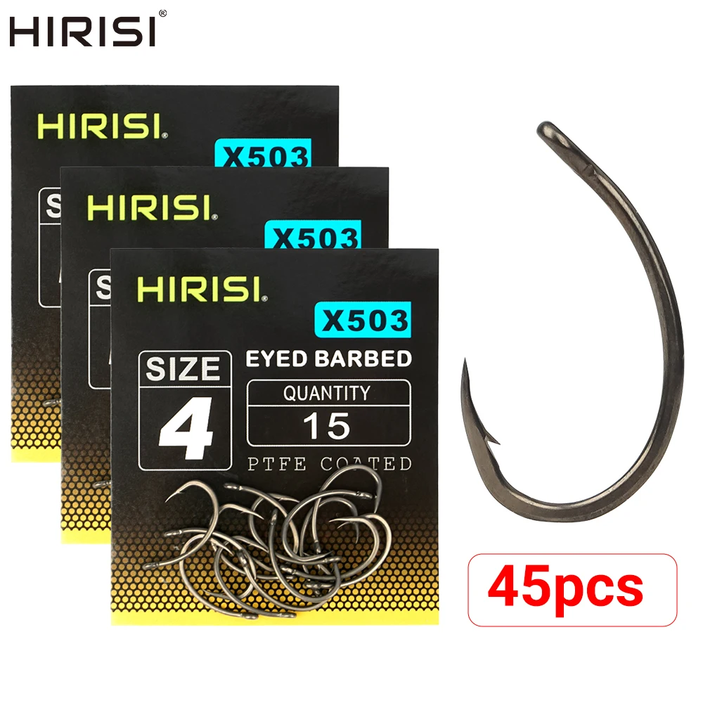 45pcs PTFE Coated High Carbon Stainless Steel Barbed Fish Hook With Eye X503 Fishing Accessories