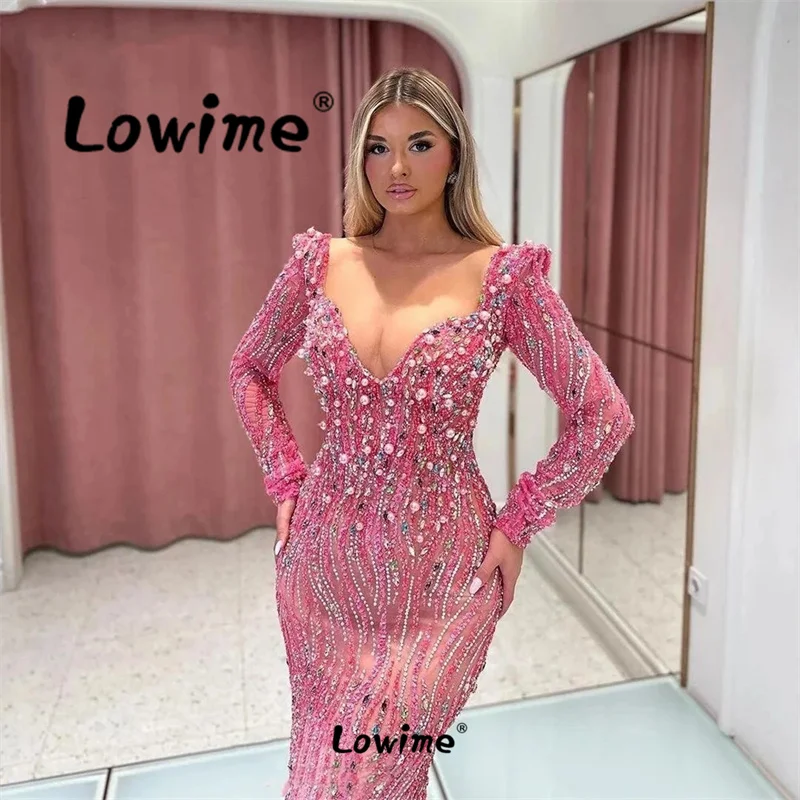 Lowime Aso Ebi Crystals Mermaid Prom Dress Pink Evening Gowns Formal Party Engagement Dresses Long Sleeve Robes Custom Made 2024