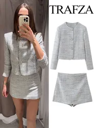 TRAFZA Women 2 Piece Set Long Sleeve Single-Breasted O-Neck Jacket Coat+Vintage Gingham High Waist Mini Shorts Skirt Streetwear