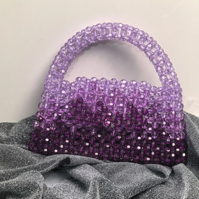 Fashion Acrylic Women Handbags Gradient Blue Beaded Tote Bags Summer Travel Mobile Phone Bag Wedding Evening Bag