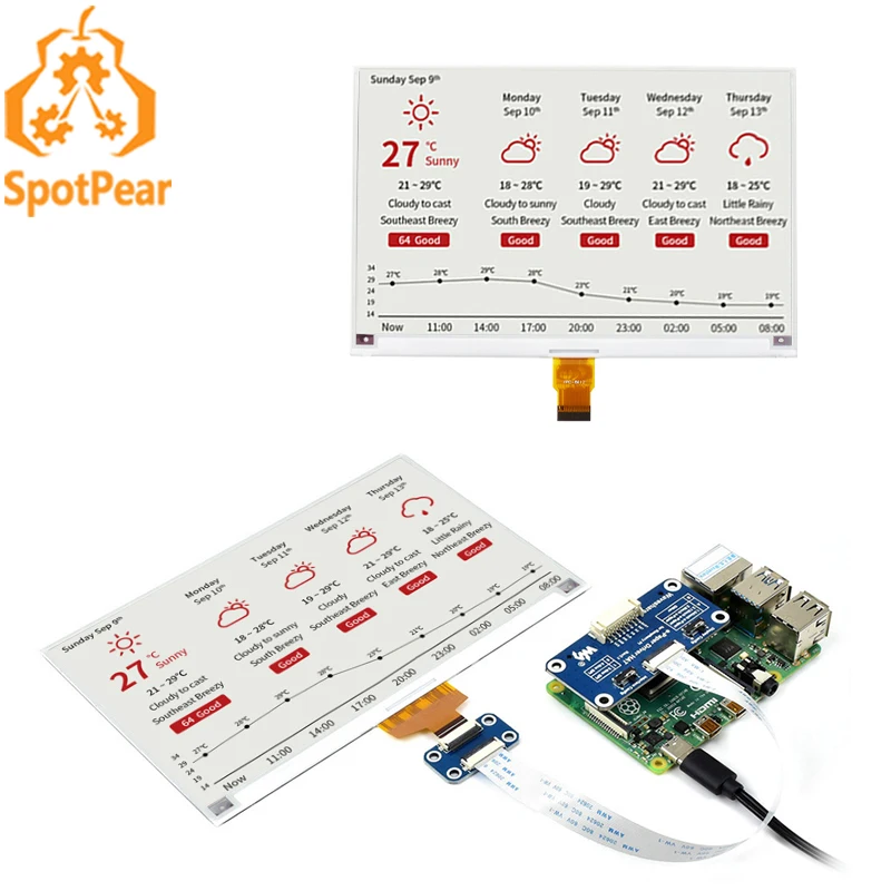 Raspberry Pi 7.5 inch e-Paper E-Ink Display HAT 800×480 SPI Interface Red / Black / White 7.5inch for Arduino STM32 Jetson Nano