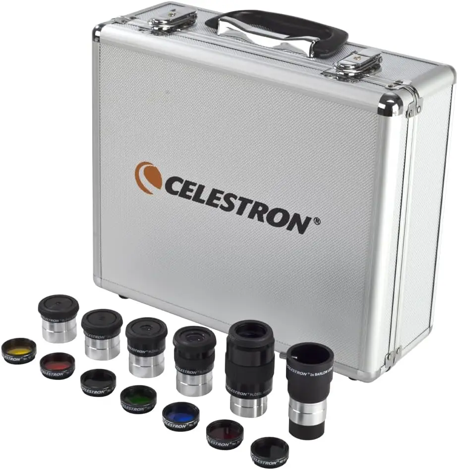 Celestron 1.25” 14 Piece Telescope Accessory Set Plossl Telescope Eyepiece Barlow Lens Colored Filters Moon Filter #94303