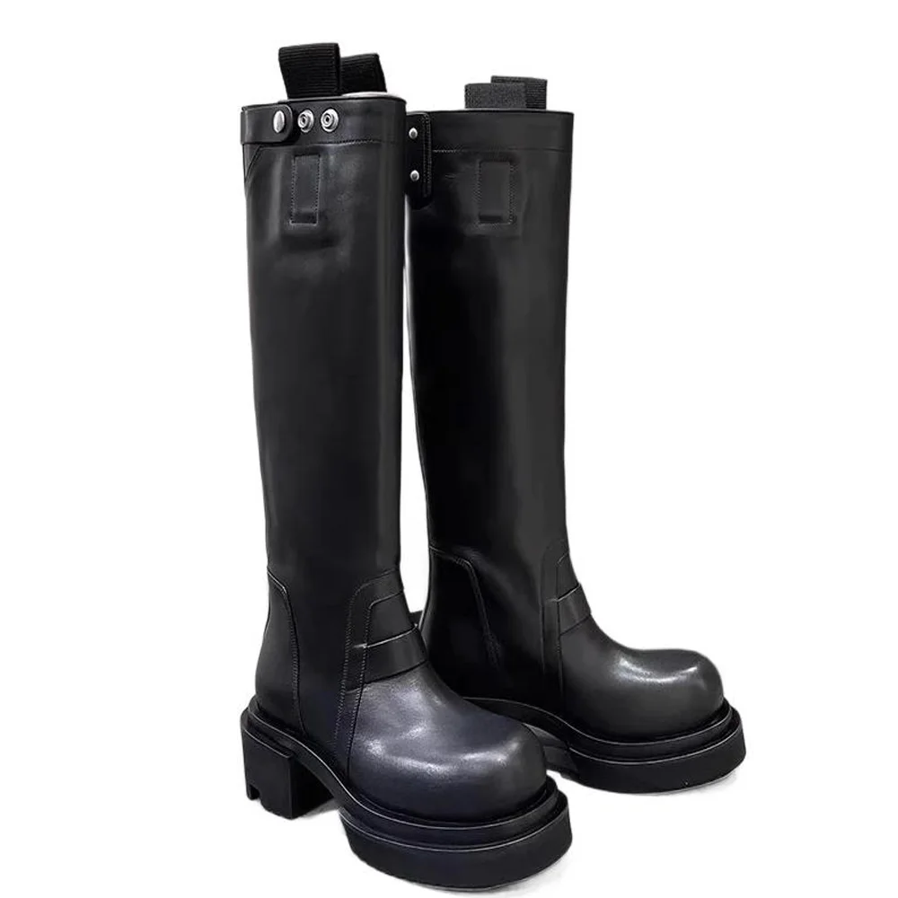 Men Knee High Motorcycle Boots Genuine Leather Women Platform Shoes Luxury Sneakers Black Male Designer Shoe