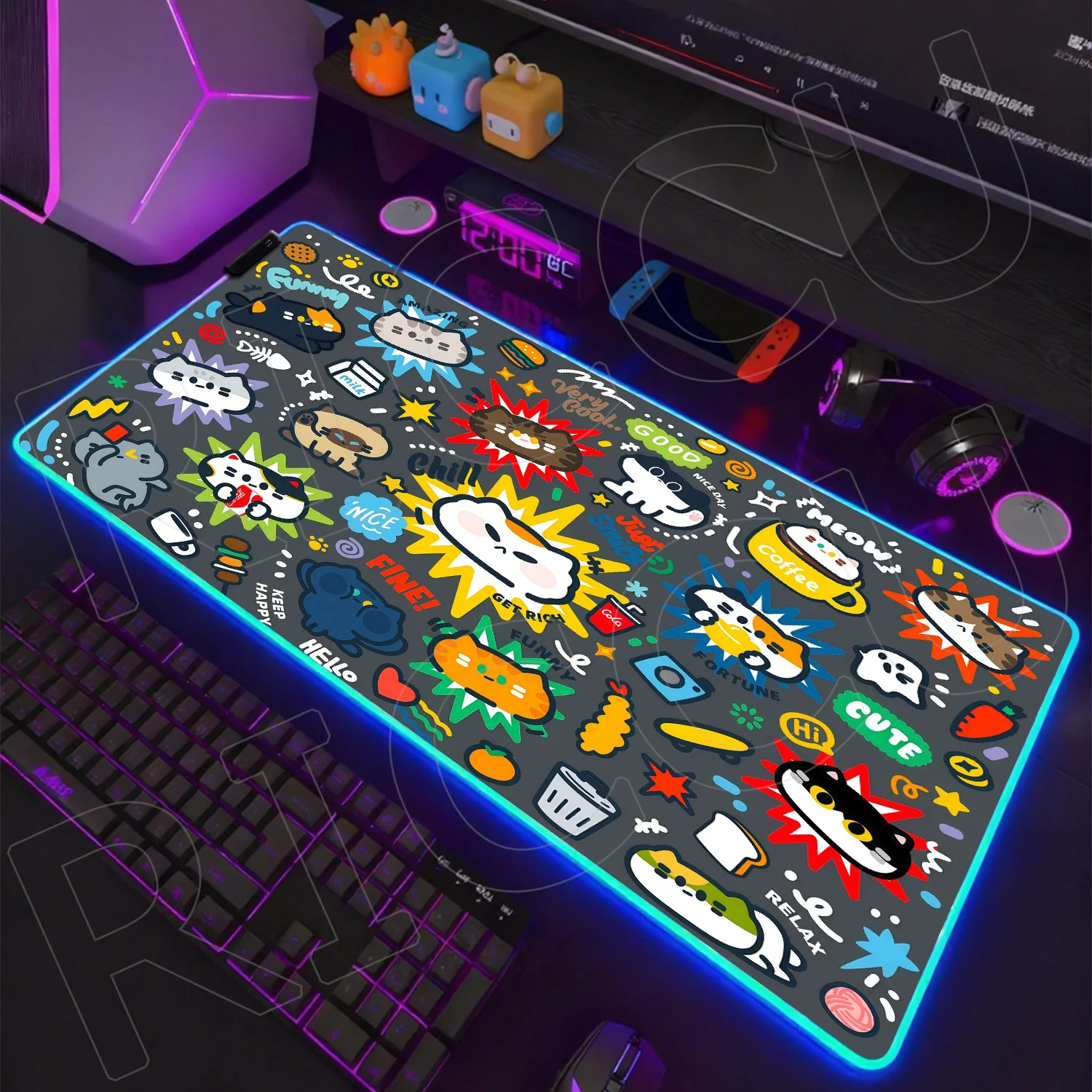 

Большой коврик для мыши RGB XXL HD в стиле граффити с милым котом, светодиодный коврик для стола, аксессуары для геймеров, клавиатуры и ПК