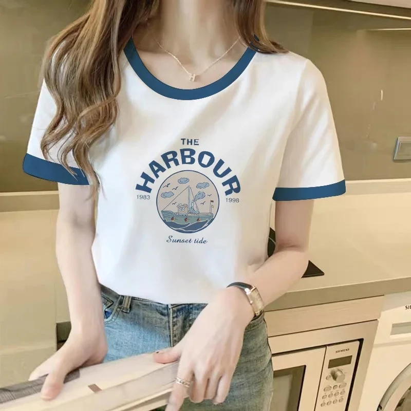 

Fashion Popular Women Clothes Summer Cotton Short Sleeve Harbour Tshirt Round Neck Imitation Cotton Tee Korean Style Loose Tops