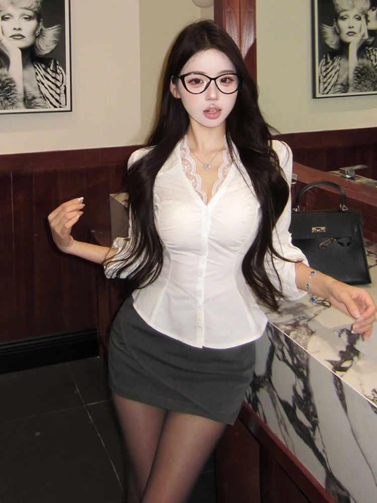 

Sexy Pure Desire Lace Trim Waist Slim Fit Shirt High Waist Bodycon Skirt Two Piece Set V Neck Fashionable Slimming Outfit