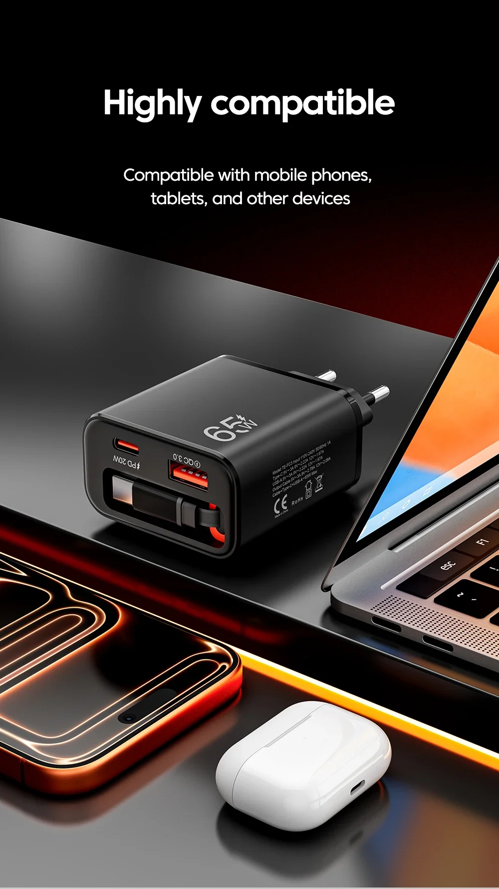 65W Type C Charger Retractable Integrated Cable USB Phone Charger USB C Cable EU/US Plug For iPhone Samsung Xiaomi Fast Charge