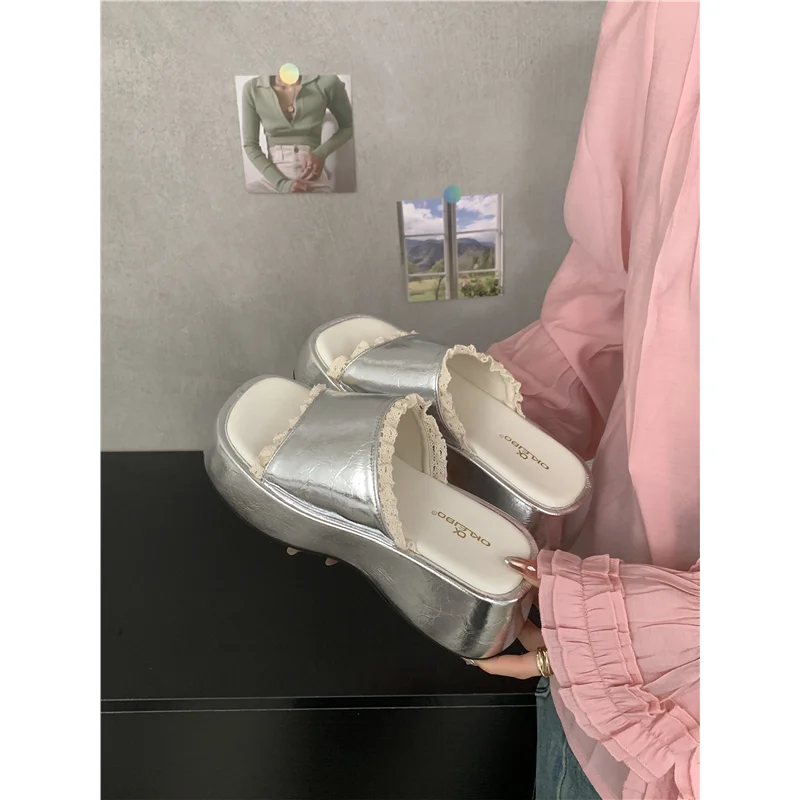 High-heel Platform One-piece Summer Outerwear Style 2026 New Lace-edge Slip-on Anti-slip Casual Sandal view 3