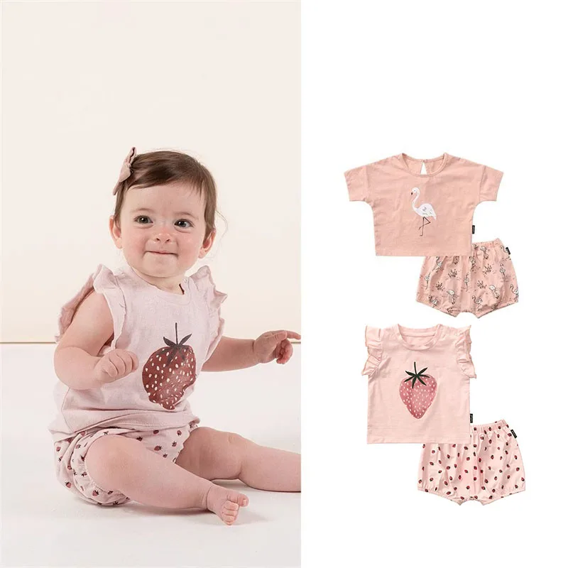 

EnkeliBB Baby Summer T-shirt Shorts Sets Lovely flamingo Strawberry Print Sets Infant Girl Clothes