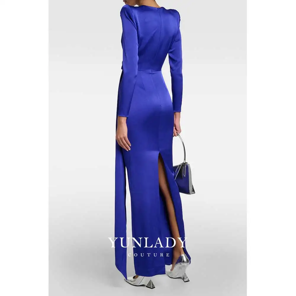 YUNLAN Luxury Dubai Royal Blue Formal Satin Evening Dress 2024 New Women Elegant Party Long Sleeve Slit Ribbon Long Dress