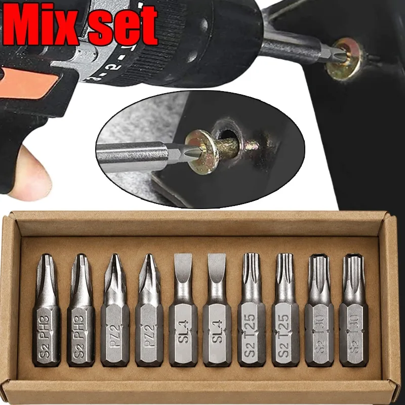 Magnetic Screwdriver Bits Mix Set 25mm Anti Slip Electric Hex Shank Driver Bit PH/PZ/SL/TT/T Short Impact Driver Bit Power Tools