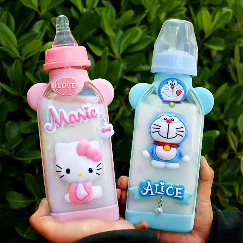 Kawaii Hello Kitty Baby Bottle Anime Cartoon Student Portable Pacifier Straw Water Glass Girl Household Dual Use Square Cup Gift