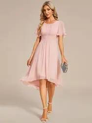 Women's Crew Neck Pleated Waist Short Sleeve Wedding Guest Dress Chiffon Bridesmaid Dresses Bespoke girl evening dress