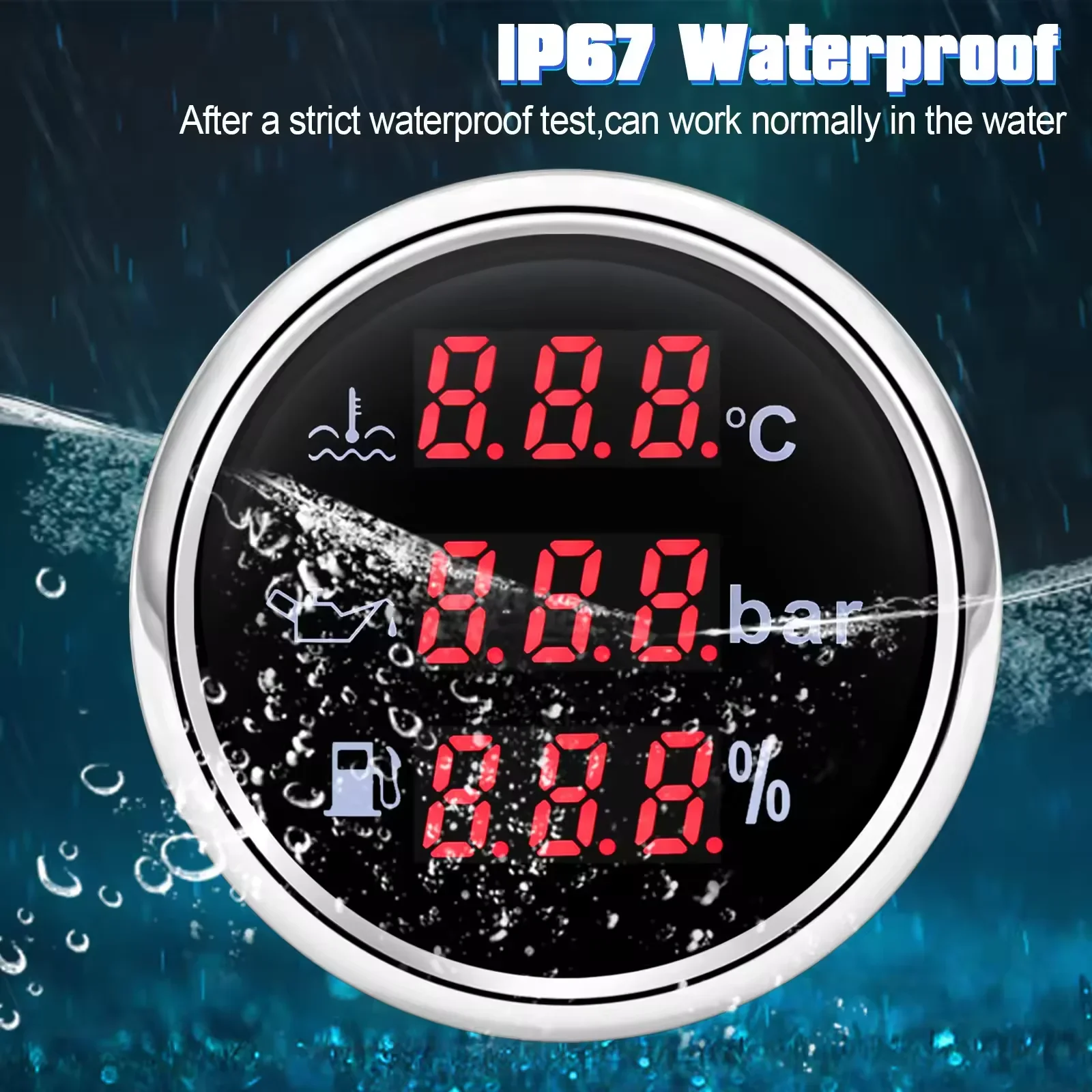 52mm Digital 3 in 1 Waterproof Car Boat Gauge for 12V24v Water Temperature Oil Pressure Voltmeter Fuel Level With Alarm Signal