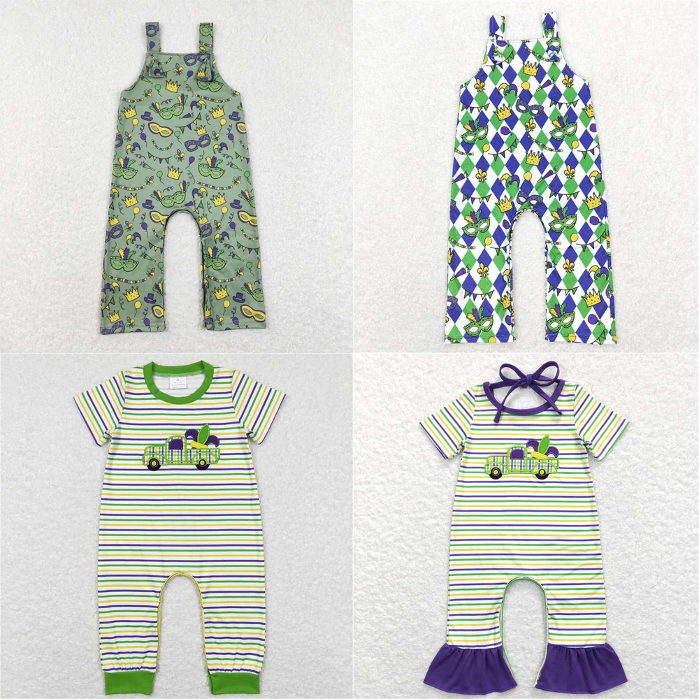 Wholesale hot sale baby kids clothes newborn toddler Carnival embroidery truck purple green yellow striped short-sleeved onesie