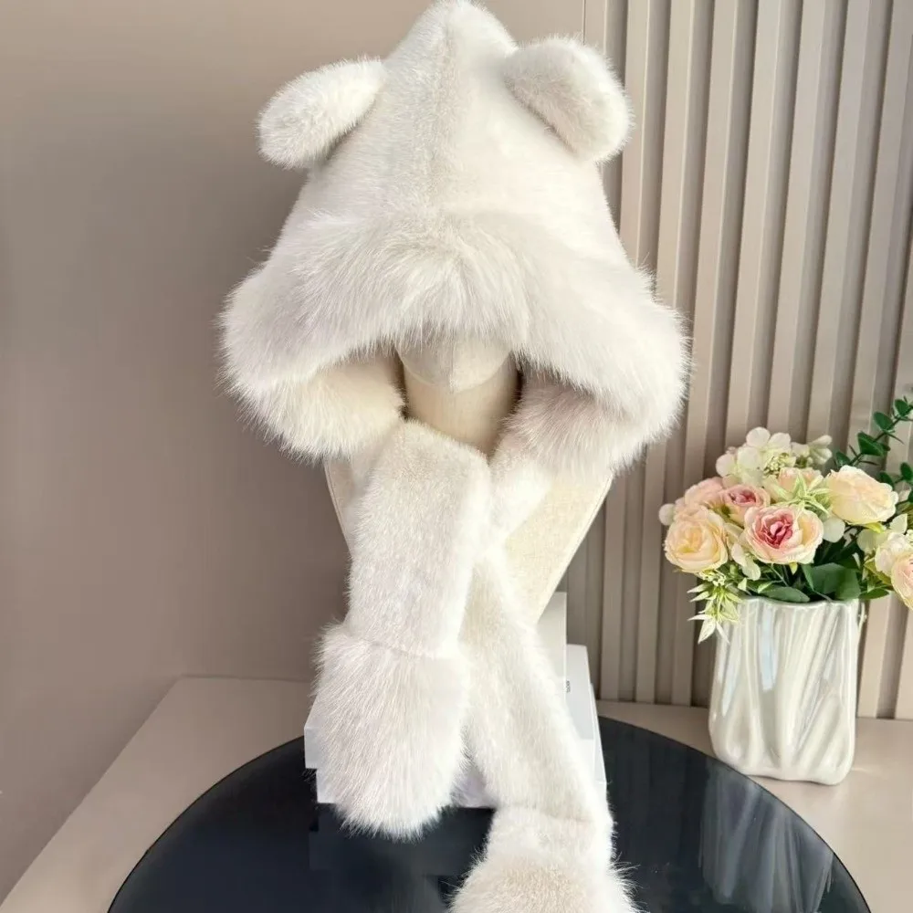 

Cute 2-in-1 Leopard Print Hooded Scarf Keep Warm Ear Protection Winter Hat Scarf Thickened Faux Fur Scarf Autumn Winter