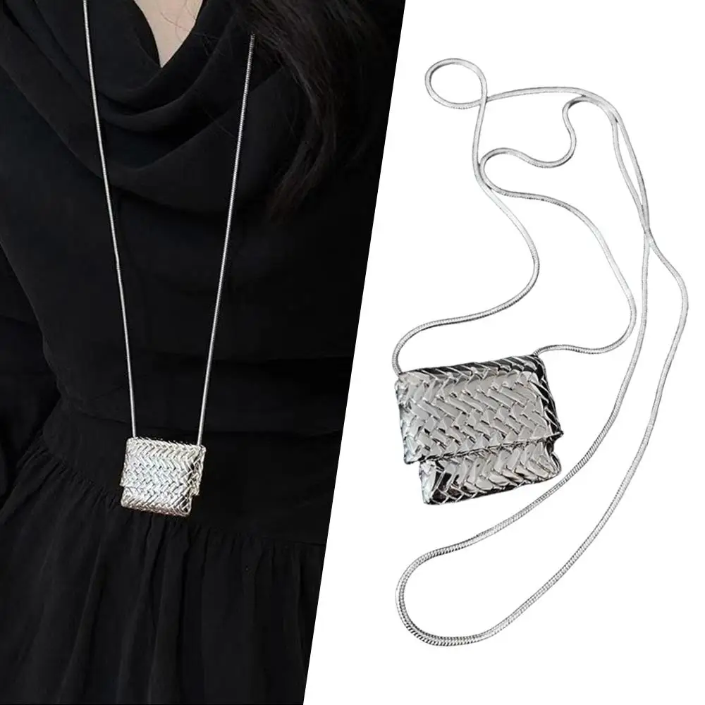 

Unique Can Hold Coins Long Necklace Metal Chain Bag Pendant Woven Bag Sweater Chain Necklaces For Women Simple Gift Beauty