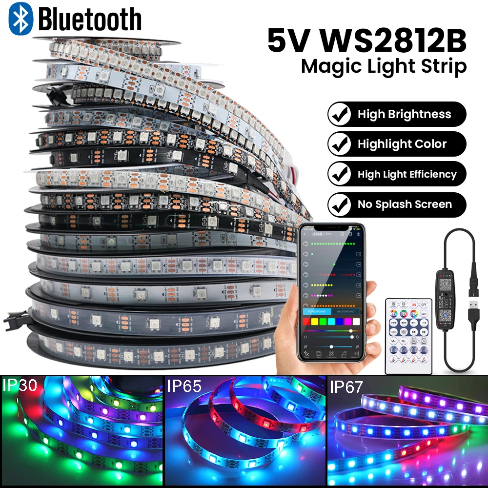 WS2812B RGB LED Strip Light DC5V Addressable Home Diode Tape IP30/IP65/IP67 Waterproof 28Keys Bluetooth Music Controller Kit