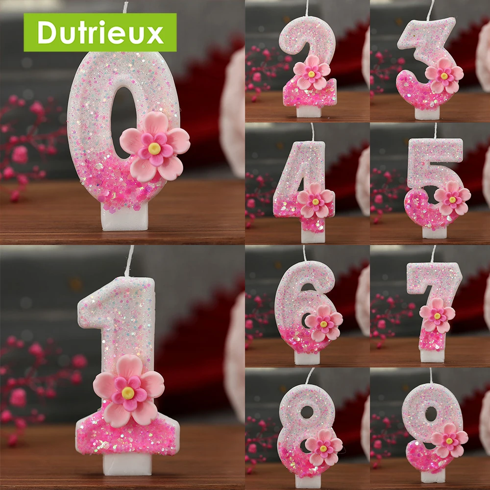 Digital Candles with Pink Flowers, Birthday Candles Party Atmosphere Candless Scene Decorations, Home Decoration, New 0-9 1Pc