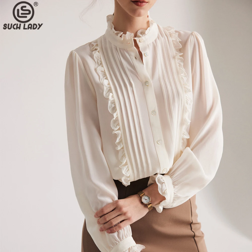 100% Natural Silk Women's Shirt Ruffled Collar Long Sleeves Pleated Elegant Fashion Blouse Tops