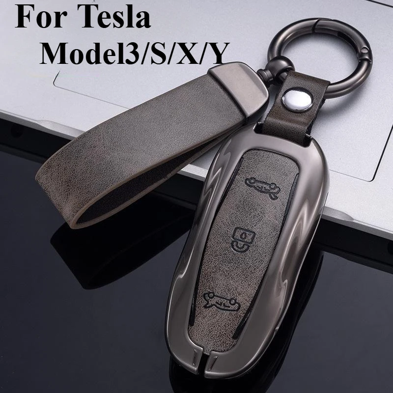 For Tesla Model3/S/X/Y Car Zinc Alloy Leather Key Case Cover Holder Protector Keychain Interior Accessories Key Case for Car